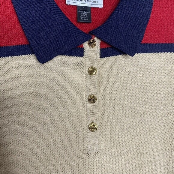 St John Sport Santana Knit Dress Beige latte size 4 Sheath Collar Gold Buttons - Picture 4 of 10